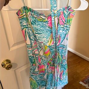 Tropical Sailboat Print Romper in Aqua, Pink & Lime